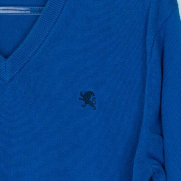 Vintage Express Mens V Neck Cotton Sweater Size L Blue Logo Preppy‎ Academia Y2K - Picture 3 of 9
